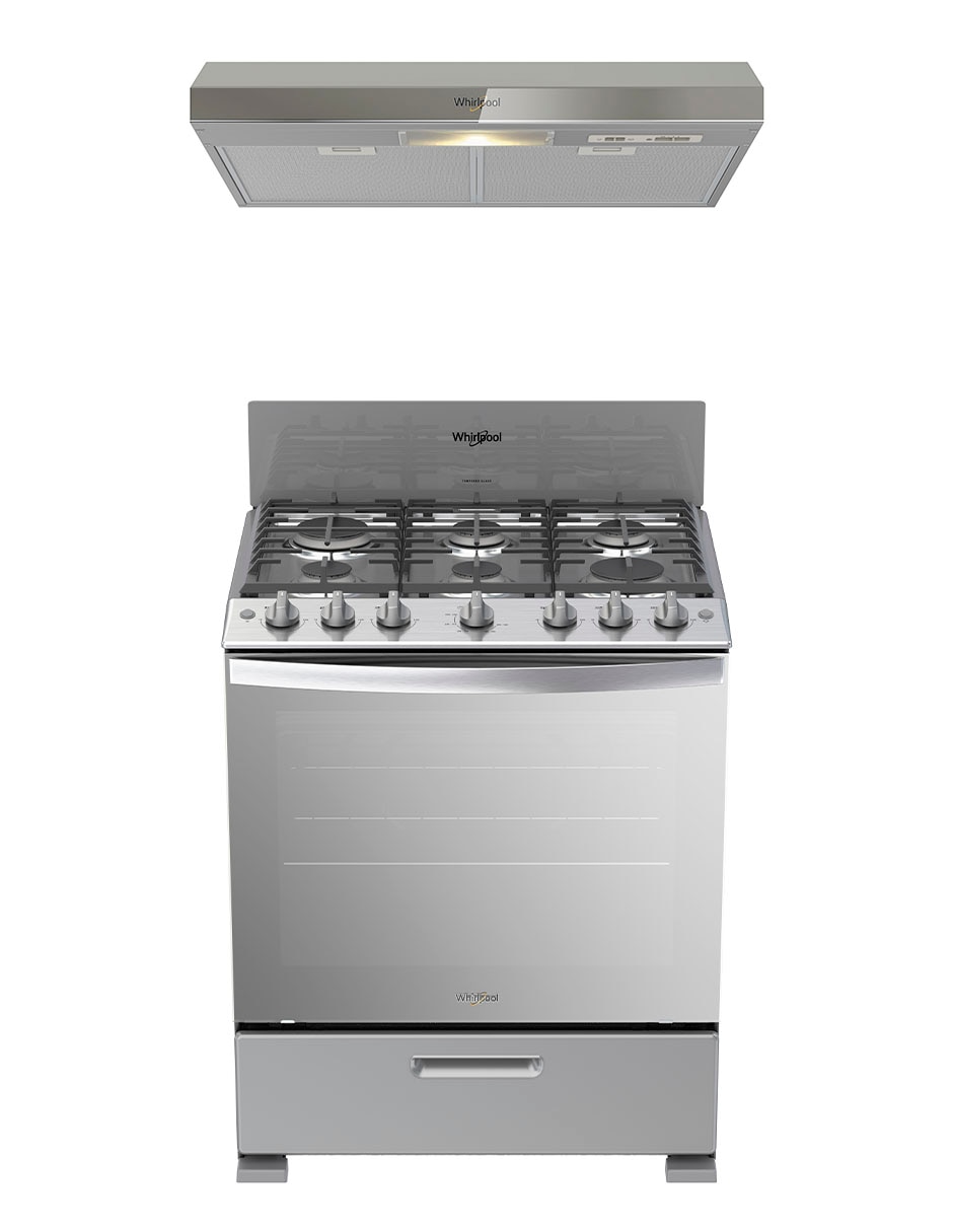 Combo Estufa de piso a Gas LP Whirlpool estufa 76 cm campana 80 cm CWFR3400D-HH de 6 quemadores