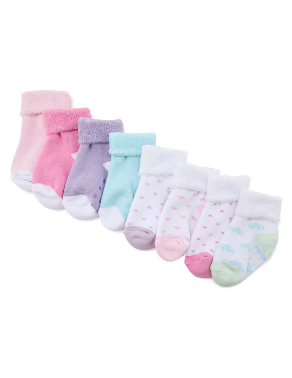 Set tín antiderrapante Punto Bco de algodón para bebé niña 8 pares