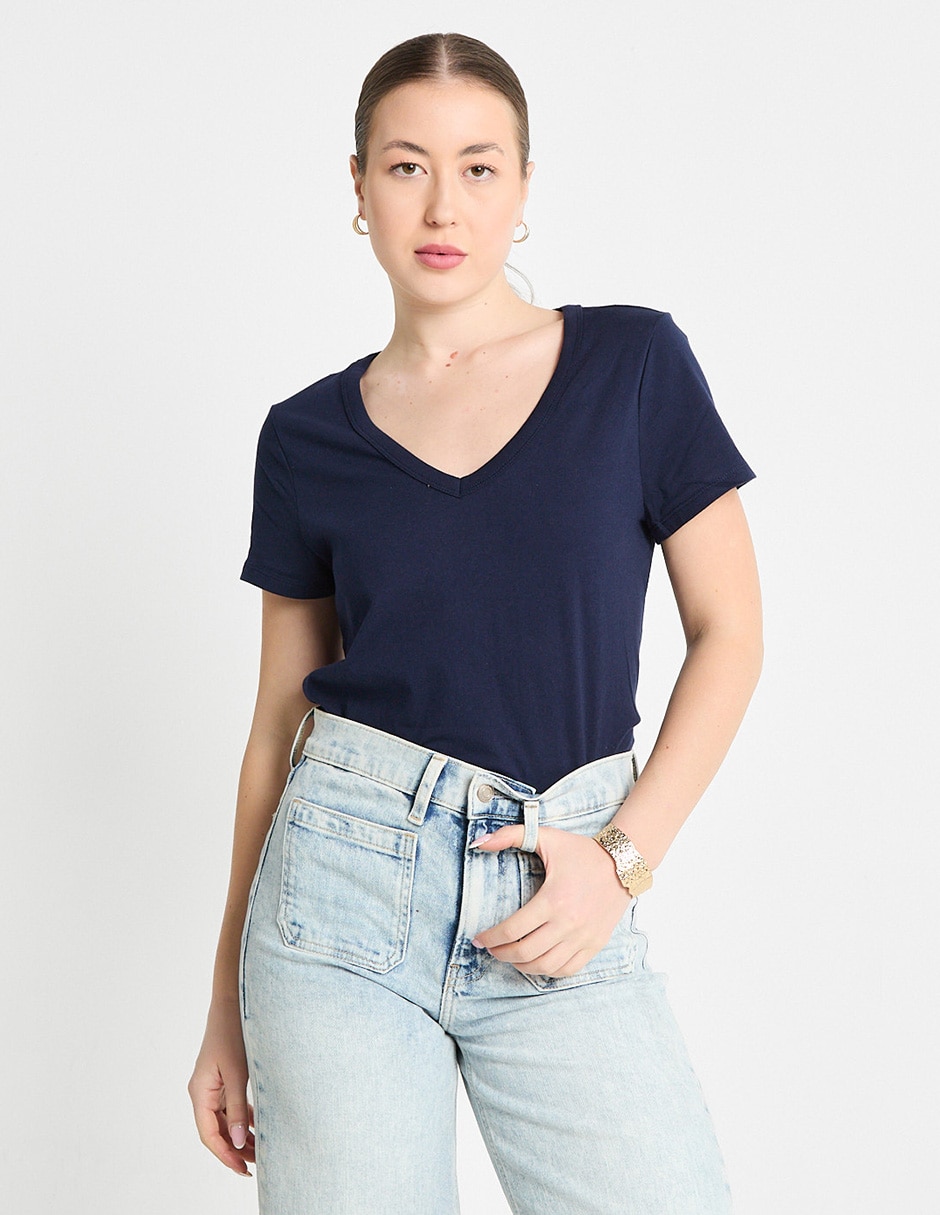 Playera manga corta cuello V para mujer