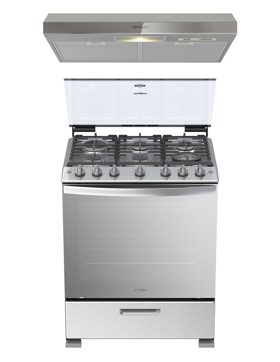 Combo estufa de piso a Gas LP WhirLpool 76 cm CWFR5100S-HH de 6 quemadores+Campana