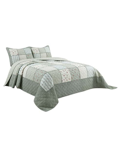 SET COLCHA CRISANTEMOS, KS, VERDE BLUEB