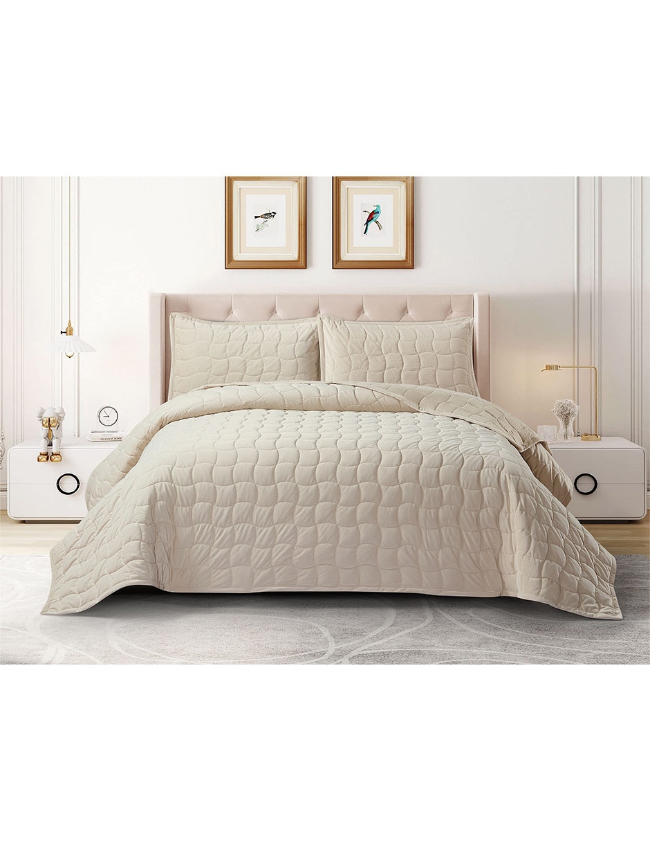 SET COLCHA WAVE VELVET, KS, BEIGE HAUS