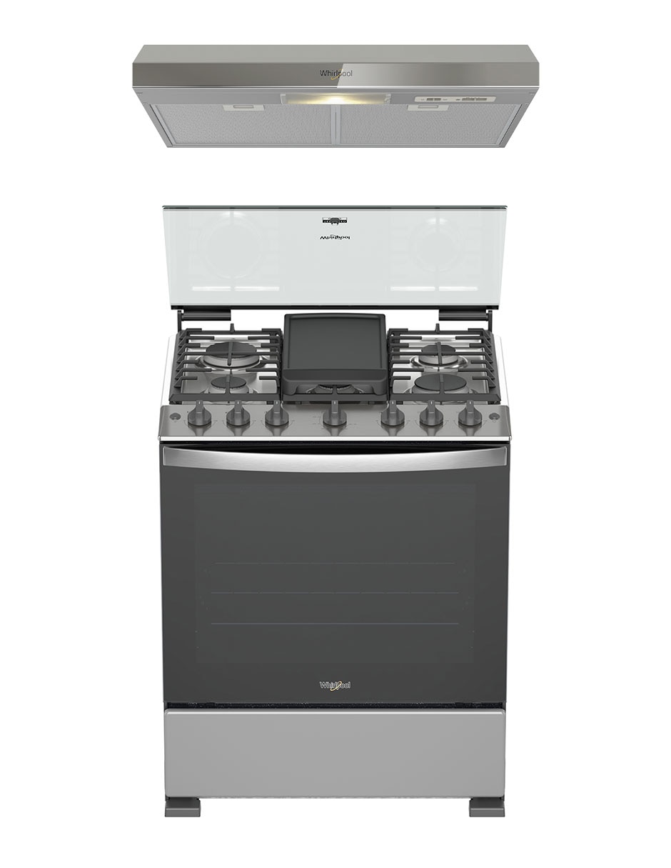 Combo estufa de piso a Gas LP Whirlpool estufa 76 cm campana 80 cm CWFR5200D-HH de 6 quemadores
