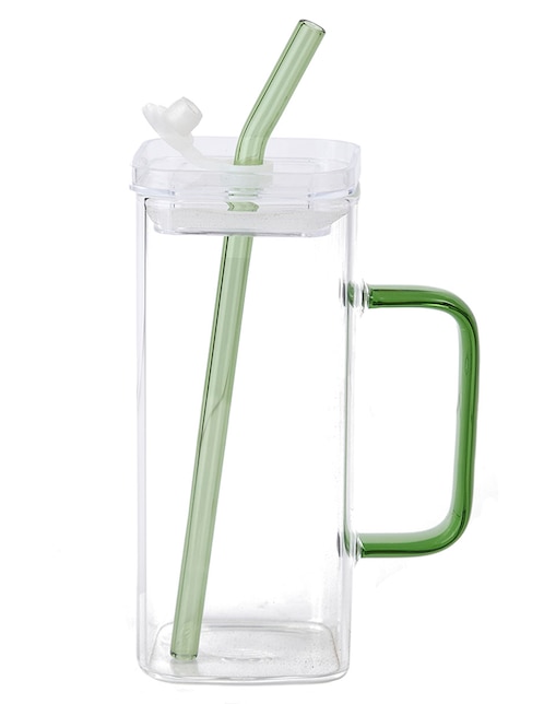 Vaso con tapa y popote Haus de vidrio